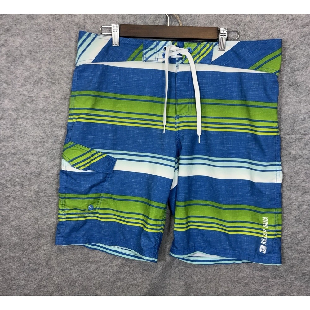 Killer‎ Dana Board Shorts Mens 36 Blue Green Striped Pockets Surf Beach Vacation